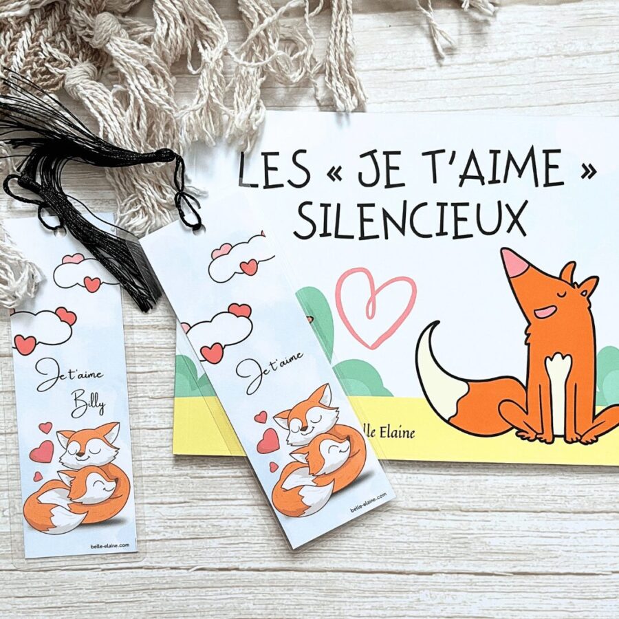 signet personnalisé je t'aime silencieux les belle elaine auteure livre pour enfant amour saint-valentin cadeau marque page