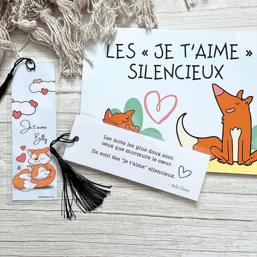 signet personnalisé je t'aime silencieux les belle elaine auteure livre pour enfant amour saint-valentin cadeau marque page jeunesse