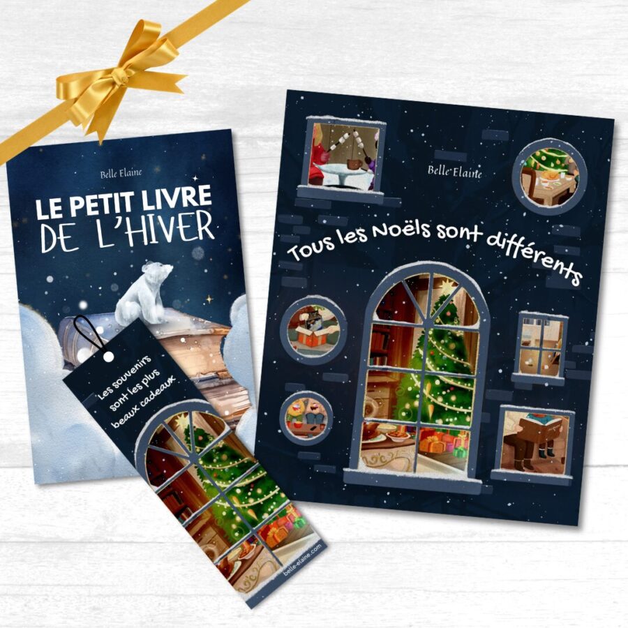 tous les Noëls sont différents livre enfant album jeunesse illustré bébé famille histoire réveillon type de familles monoparentale séparé recomposée fêter fête Belle Elaine Auteure décembre maman papa solo apprendre tout-petit bienveillant trio cadeau signet le petit livre de l'hiver