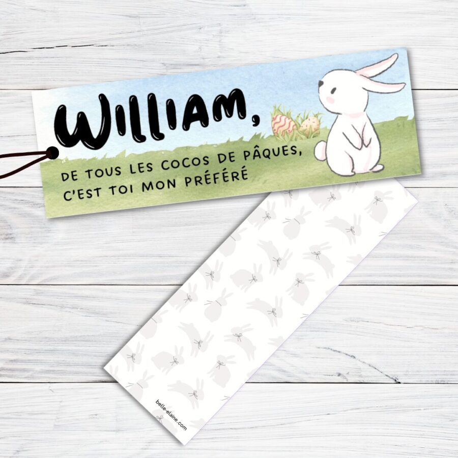signet personnalisé livre pâques activité idée personnalisable enfant bébé histoire quoi faire chasse coco prénom lapin carotte oeuf chocolat belle elaine auteure le cachalot de pâques marque-page